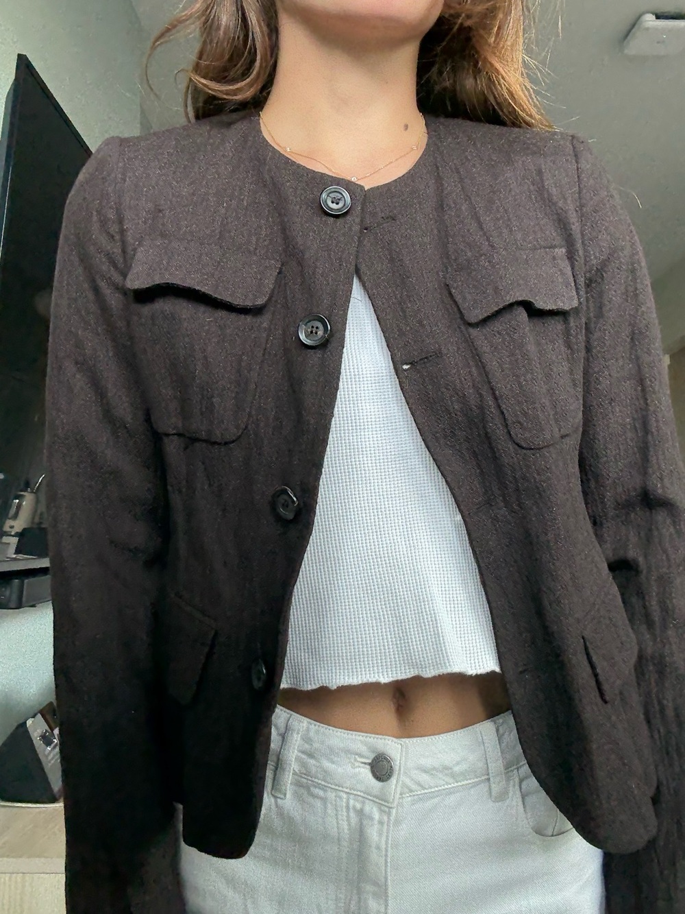 Zara Dark Brown Round-Neck Button Blazer